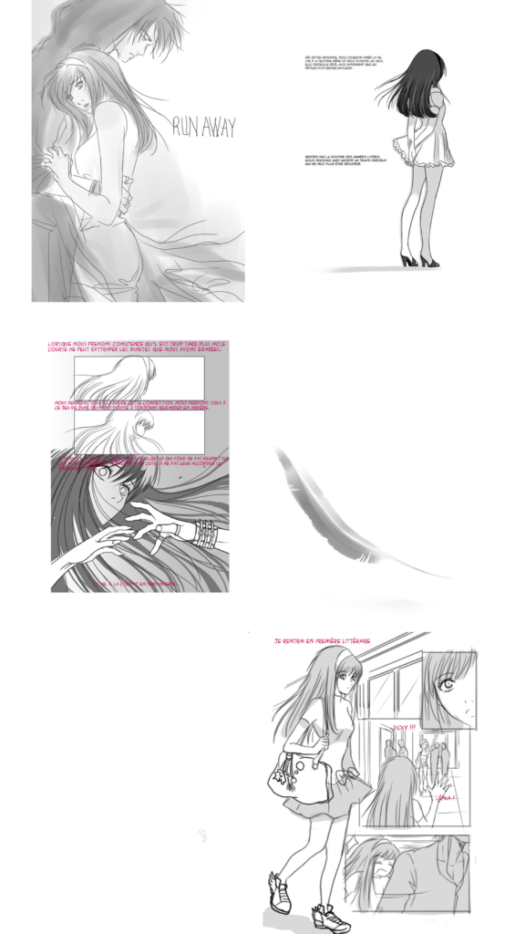 Run Away, courir pour toi ( Editions Akata) – Storyboard 1/16 : A l&rsquo;origine, ce projet  » Run Away, courir pour toi » de Mathieu Guibé aux éditions Akata était pensé comme un manga. Voici quelques pages de storyboard réalisées pendant la phase recherche. Le projet a ensuite a ensuite évolué vers un roman illustré, mais ces planches témoignent de la manière dont je construisais le rythme, les cadrages et la narration. — Sinath Bou