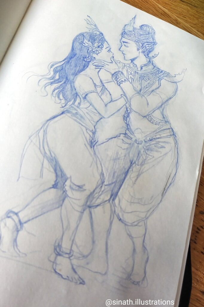 Illustration au crayon bleu d'un couple de danseurs khmer. ~ Quand la danse devient poésie ~ À travers mon dessin, j’ai voulu capturer l’essence de "La Danse des Amoureux" un éclat contemporain de la danse khmère Robam "Mono-Sanh-Tyetana" (qui signifie "Sentiment") où chaque mouvement raconte une histoire. Une rencontre, un regard, un jeu subtil entre force et délicatesse… La grâce de la princesse, la prestance du prince, et cette chorégraphie où les corps parlent un langage universel : celui de l’amour. L’équilibre parfait entre tradition et modernité, entre émotion et technique, entre rêve et réalité. La beauté de cette danse réside dans ce qu’elle évoque en chacun de nous : un instant suspendu, une harmonie fugace, un battement de cœur. Inspiration danseurs Tevina & Sébastien Tep Monorom Gerson Tartanac